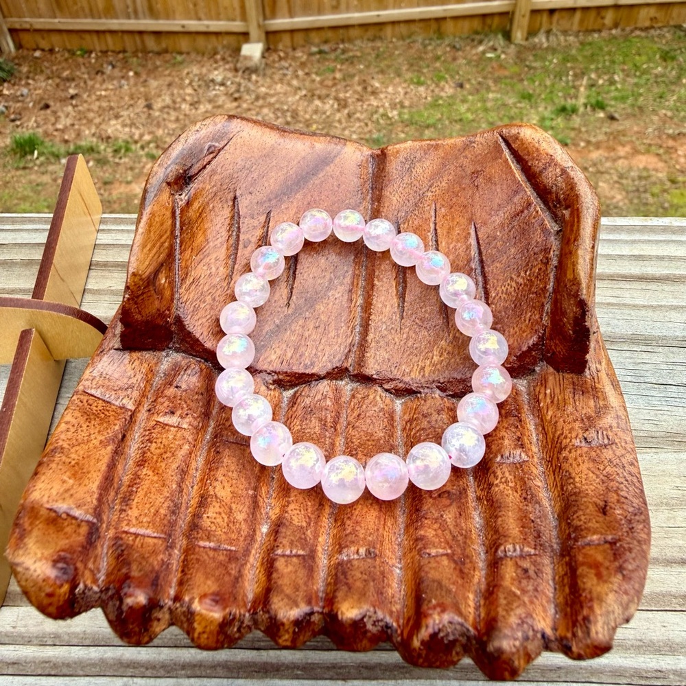 Angel Aura Iridescent Pink Rose Quartz Gemstone Crystal Bracelet - Picture 5 of 10
